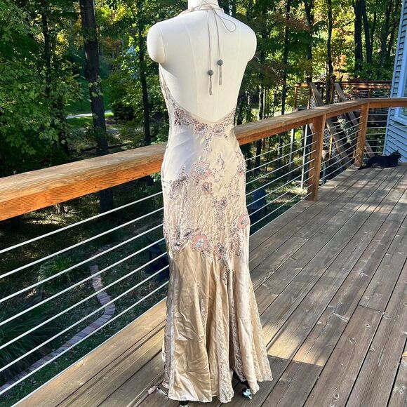 Vintage Cache Beaded Gold & Tan Lace Silk Formal Dress Gown - Picture 3 of 10